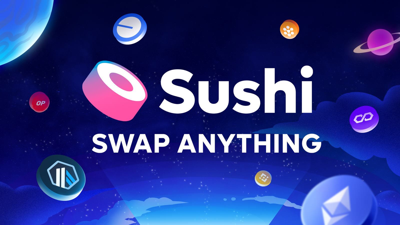Sushi logo and Swap Anything text surrounded by floating cryptocurrency symbols